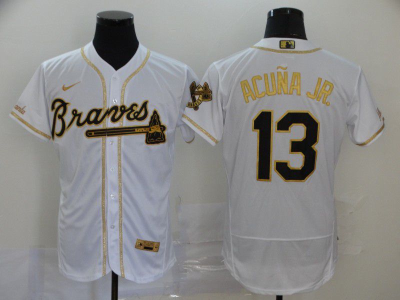 Men Atlanta Braves 13 Acuna jr White Retro gold character Nike Elite MLB Jerseys